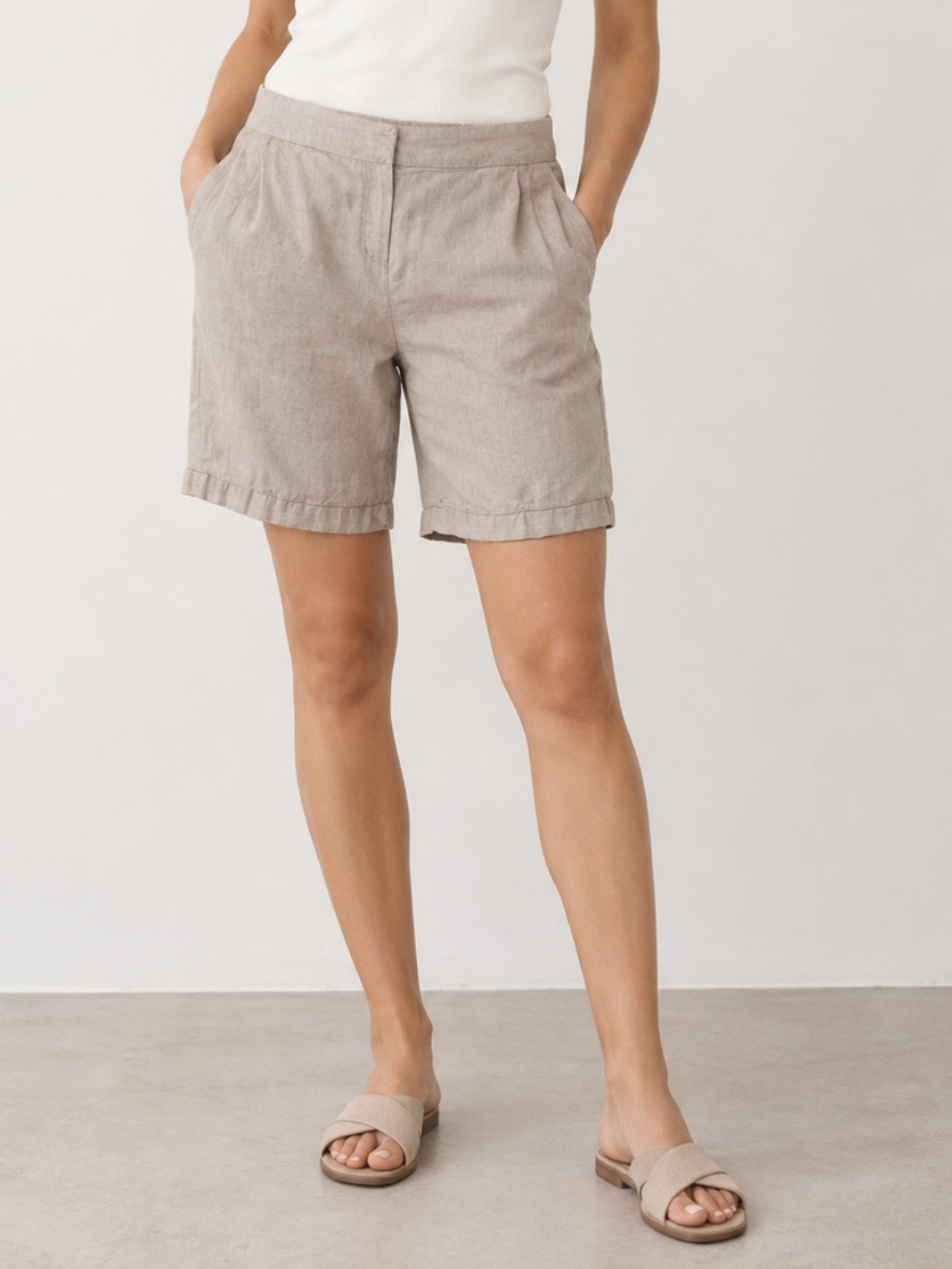 Eileen Fisher Organic Linen Mid-Rise Bermuda Shorts Neutral Beige Medium